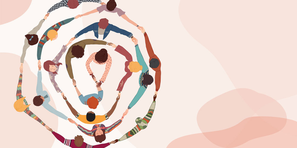 Graphic of people holding hands in a spiral, viewed from above