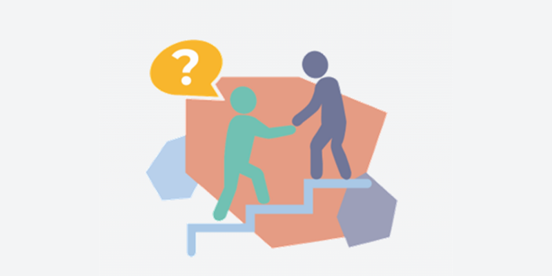 Illustration of two figures, one is helping the other up a staircase