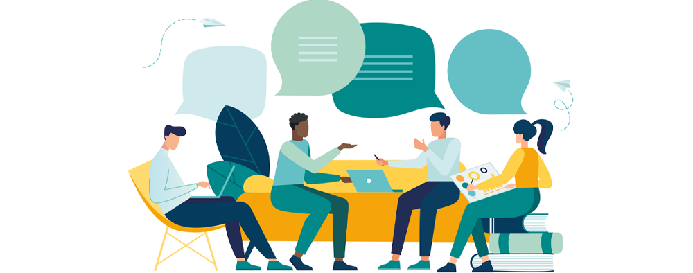 An illustration of a group of people having a conversation.