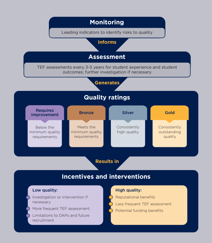 A diagram that shows the different elements of the proposed new quality system. It covers monitoring, assessment, the quality ratings and incentives and interventions.